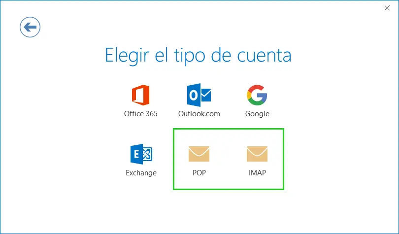 outlook_2019_manual_configuration_adding_a_first_account_1 Si deseas acceder a tu e-mail mediante IMAP, selecciona el tipo de cuenta IMAP. Si deseas acceder a tu e-mail mediante POP3, selecciona el tipo de cuenta POP.